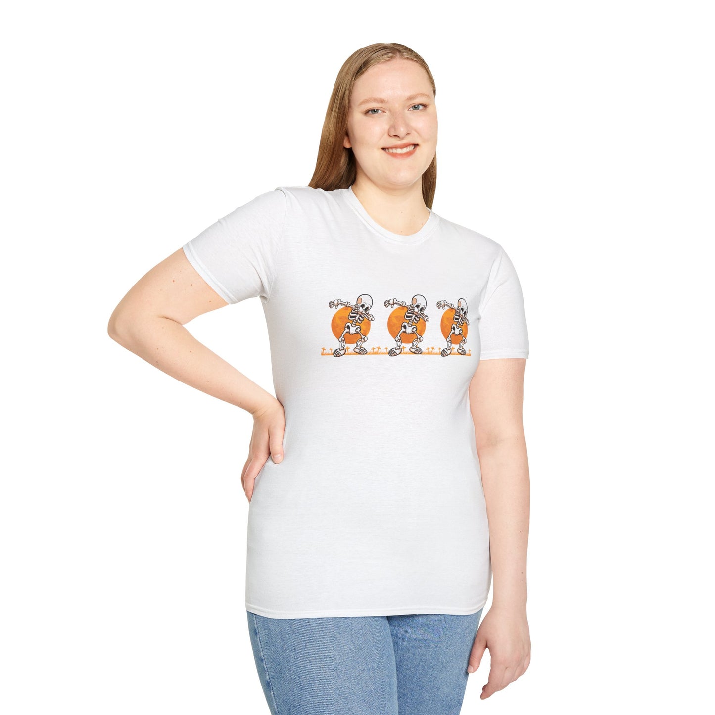 Moonlit Macabre: Dancing Skeleton Halloween T-Shirt – Spooky Unisex Softstyle T-Shirt