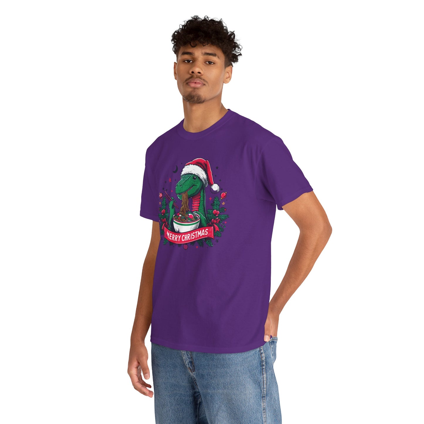 Festive Dinosaur Enjoying Ramen: A Merry Christmas Greetings Unisex Tee