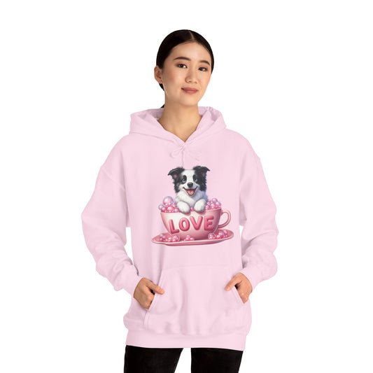 Puppy Love Hoodie Cute Dog Pink Cup Unisex Sweatshirt - Viral Cartoon Border Collie Gift