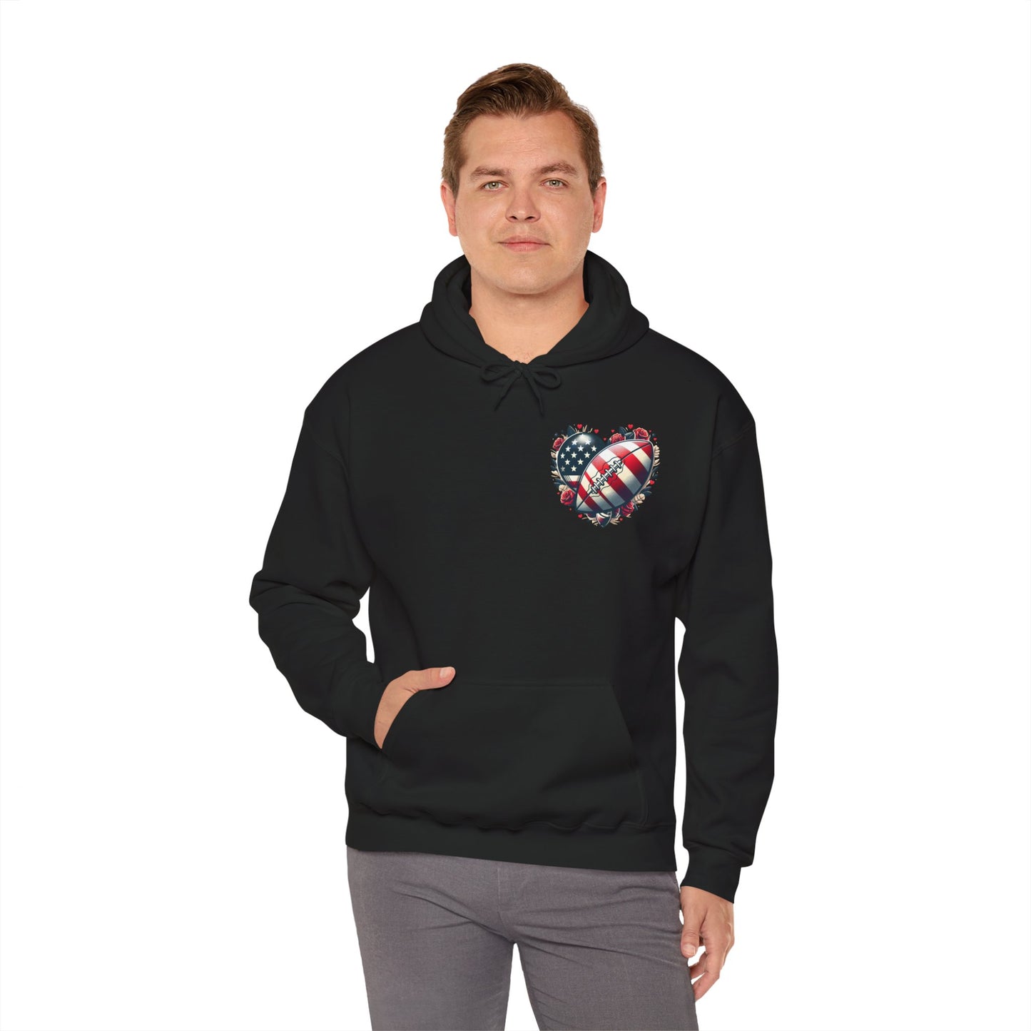 Touchdown Soul: Patriotic American Flag Football Heart Hoodie