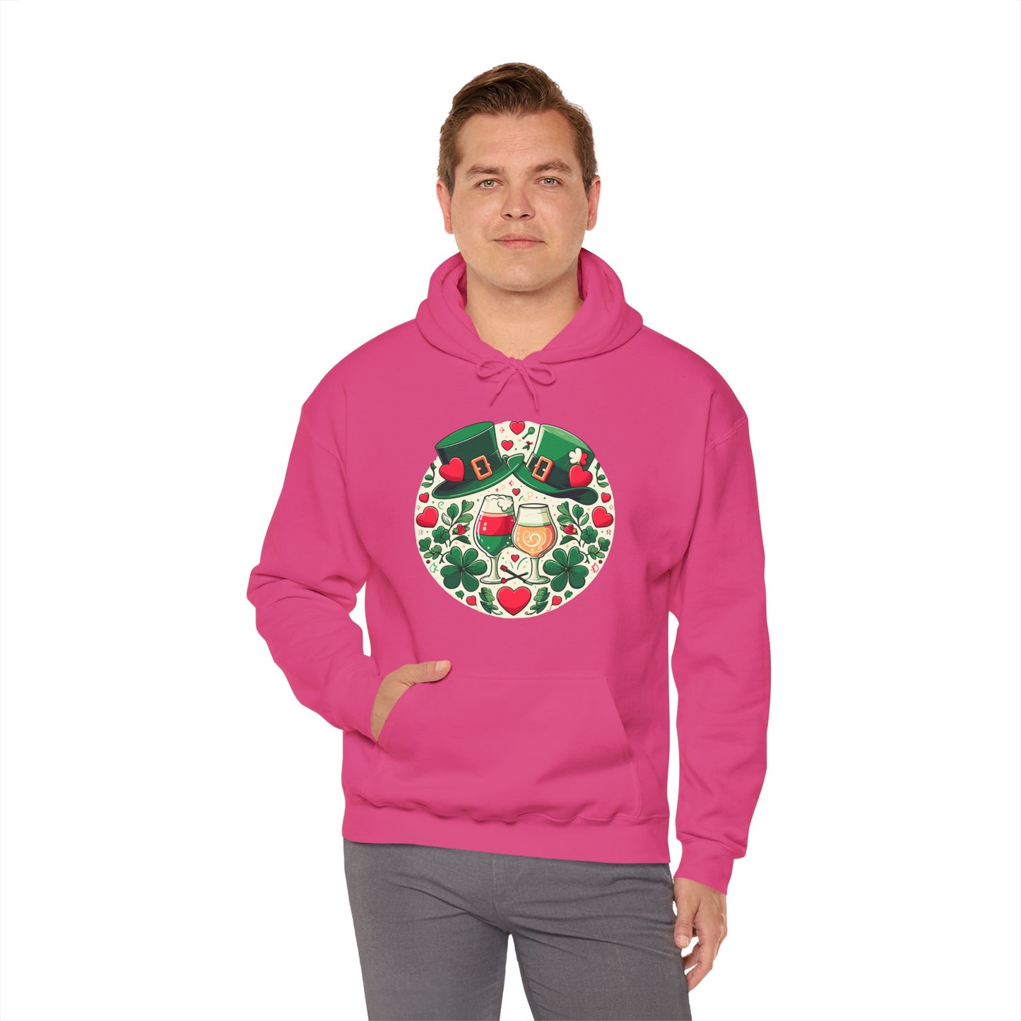 St. Patrick's Day Hoodie, Irish Celebration Beer Clover Heart Unisex Pullover