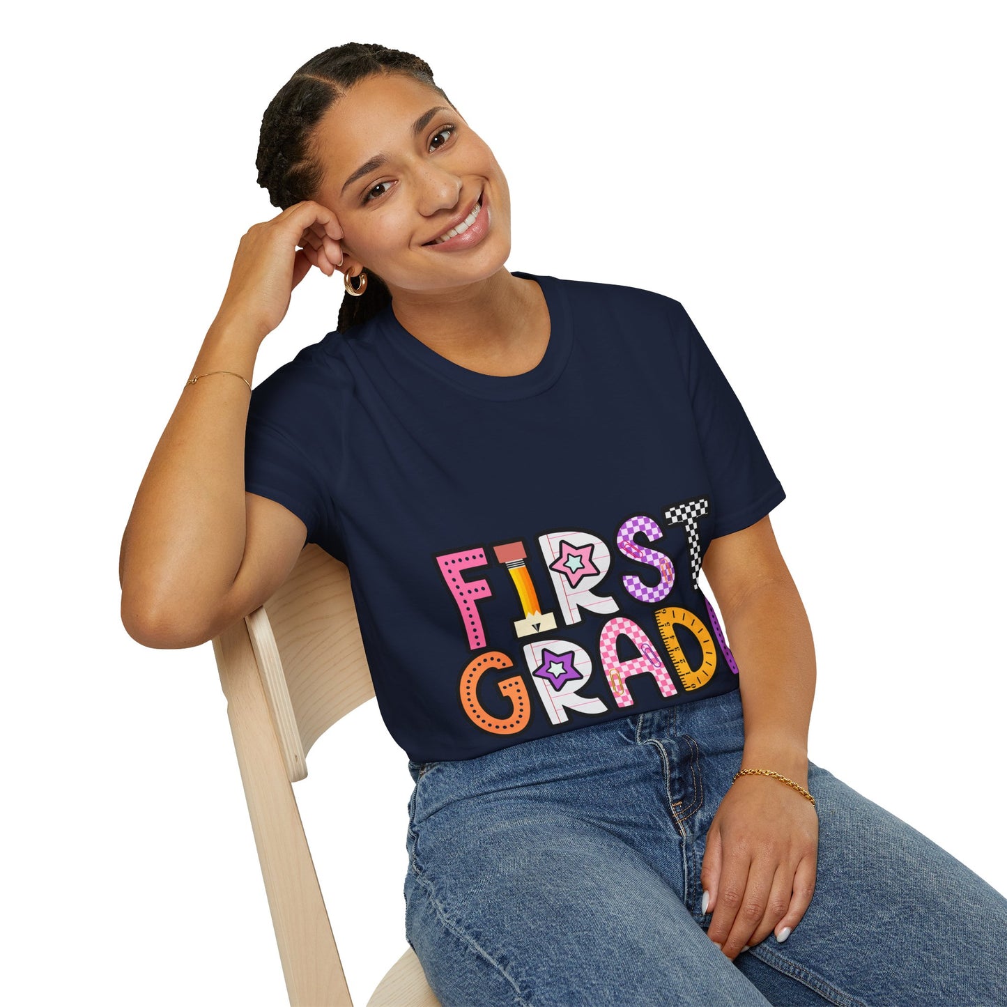 First Grade Shirt | Retro Groovy Teacher Team Tee | Colorful 1st Grade Back to School Outfit | Star Lightning Checkered Gift