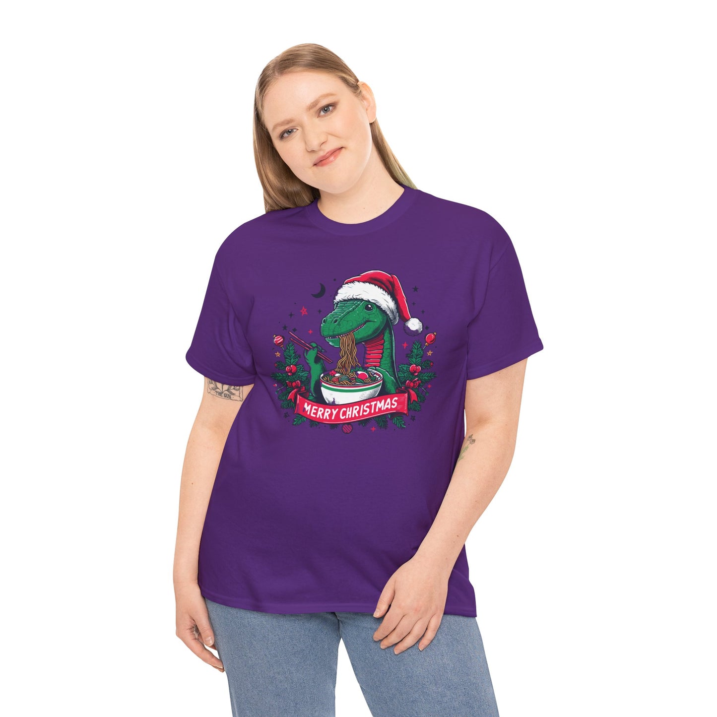 Festive Dinosaur Enjoying Ramen: A Merry Christmas Greetings Unisex Tee