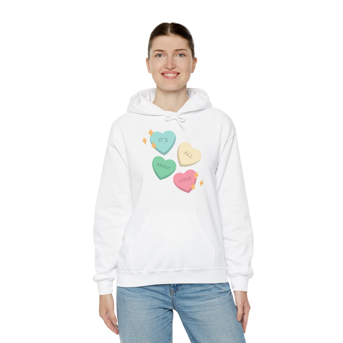 It's All About Love" Pastel Heart Hoodie | Retro Candy Style Sweatshirt | Aesthetic Love Graphic Pullover  Description: