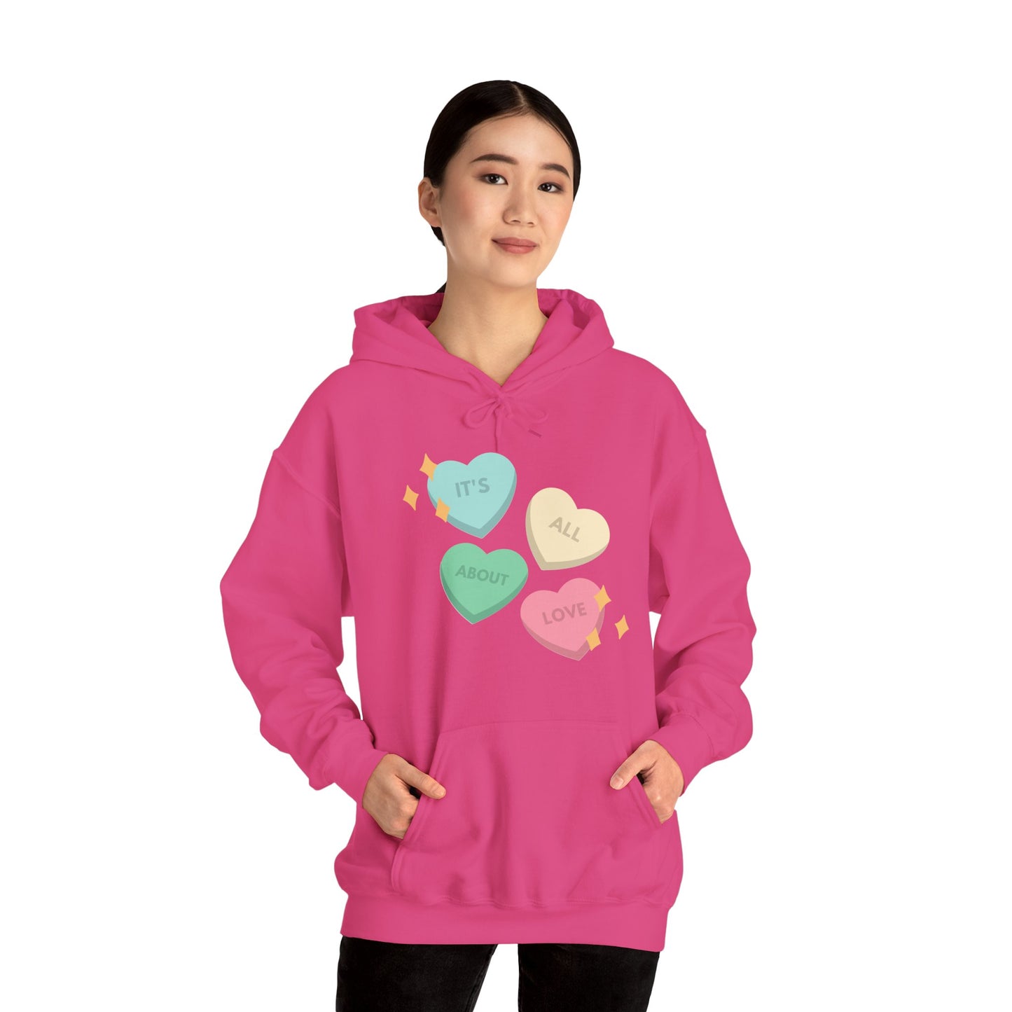 It's All About Love" Pastel Heart Hoodie | Retro Candy Style Sweatshirt | Aesthetic Love Graphic Pullover  Description: