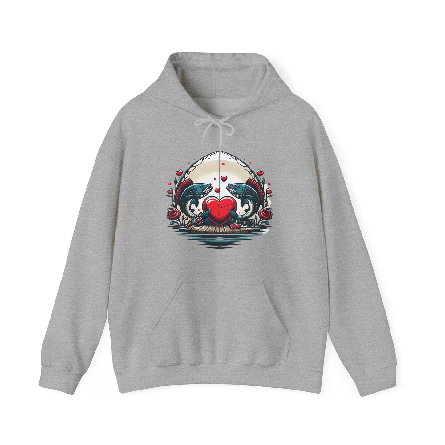 Unique Fish Love Heart Hoodie Unisex Fishing Themed Sweatshirt Graphic Hoodie With Rose Detail Romantic Angler Gift