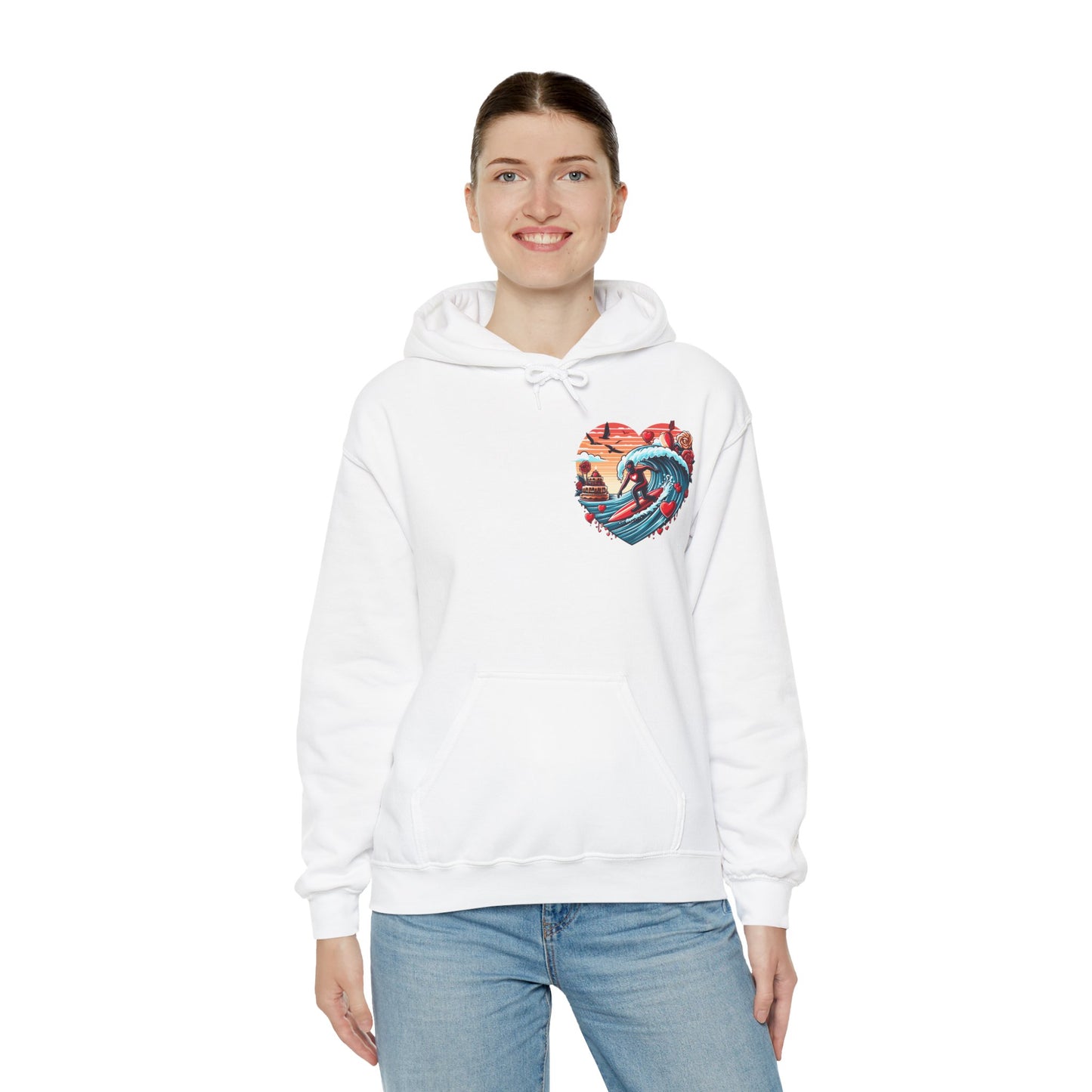 Surfing Love Heart Hoodie Surfer Wave Unisex Sweatshirt - Viral Romantic Beach Gift