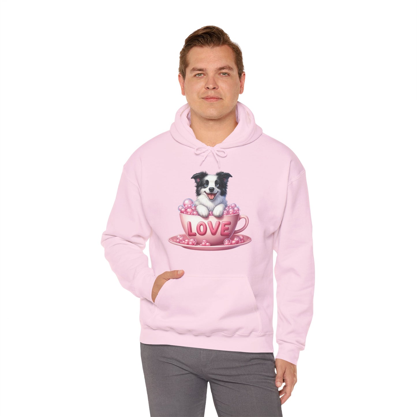 Viral Puppy Love Border Collie Hoodie - Cute Dog in Pink Cup Graphic Unisex Sweatshirt - Adorable Gift for Border Collie Lovers