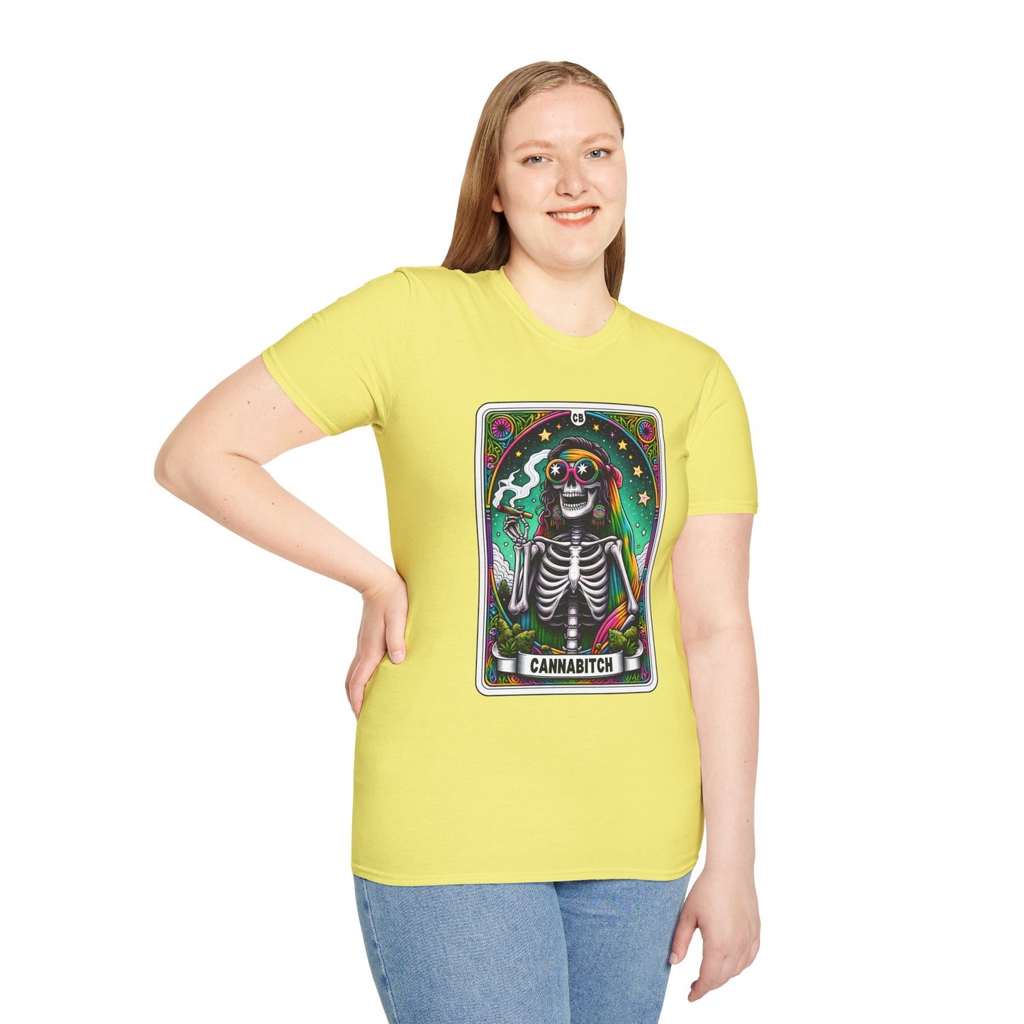 Psychedelic “Cannabitch” Tarot Skeleton T‑Shirt – Trippy Rainbow Weed Art for Stoner Queens