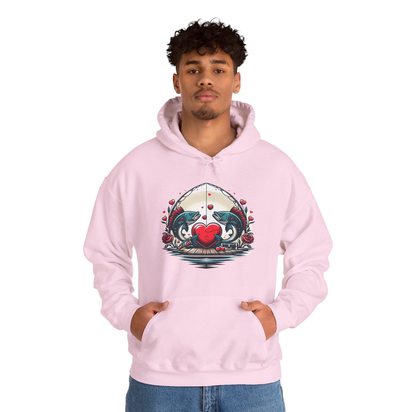 Unique Fish Love Heart Hoodie Unisex Fishing Themed Sweatshirt Graphic Hoodie With Rose Detail Romantic Angler Gift