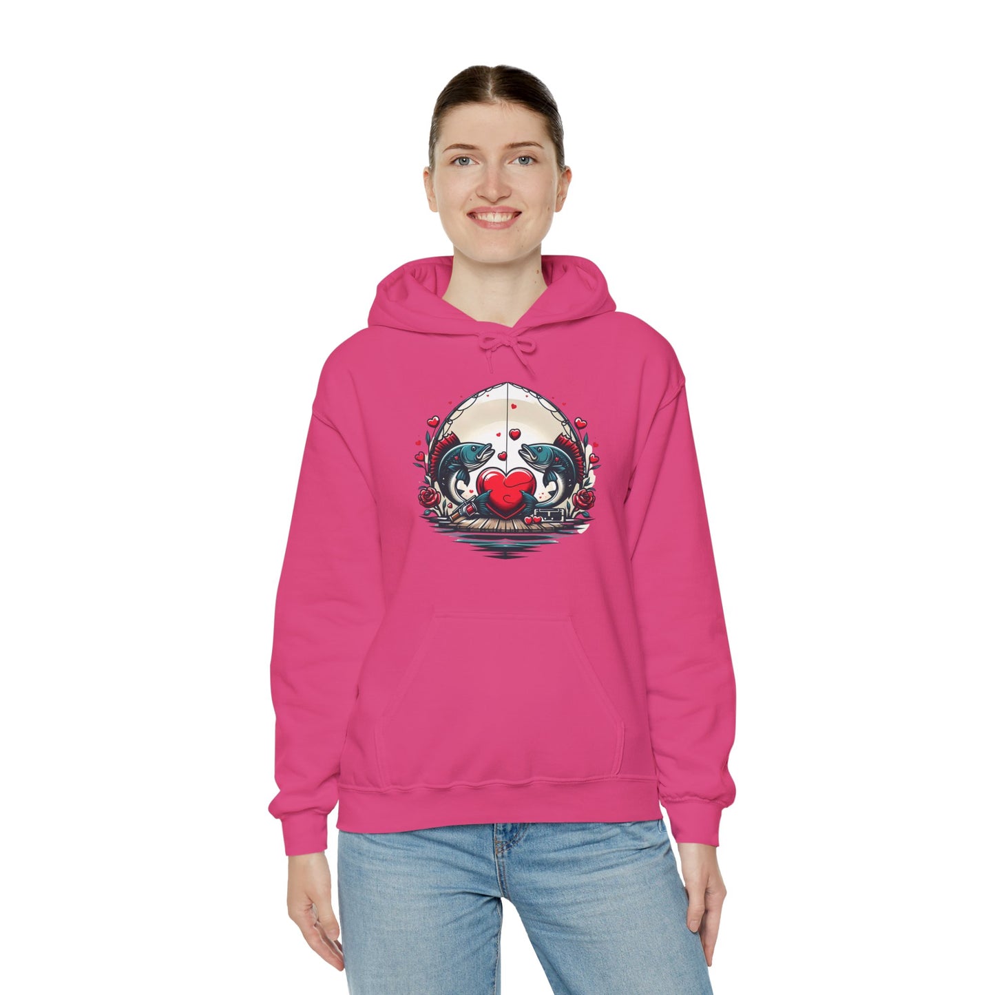 Unique Fish Love Heart Hoodie Unisex Fishing Themed Sweatshirt Graphic Hoodie With Rose Detail Romantic Angler Gift