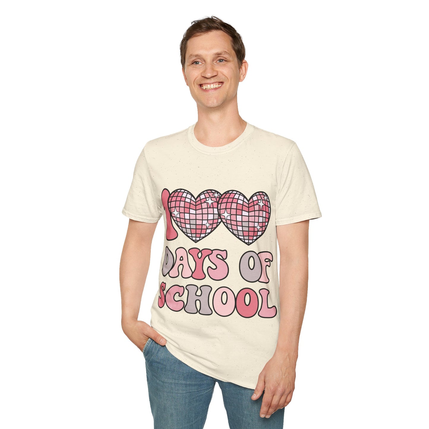 00 Days of School Shirt | Retro Pink Disco Hearts Tee | Vintage Bubble Letter Teacher & Student Top | Soft Ring-Spun Cotton Gift