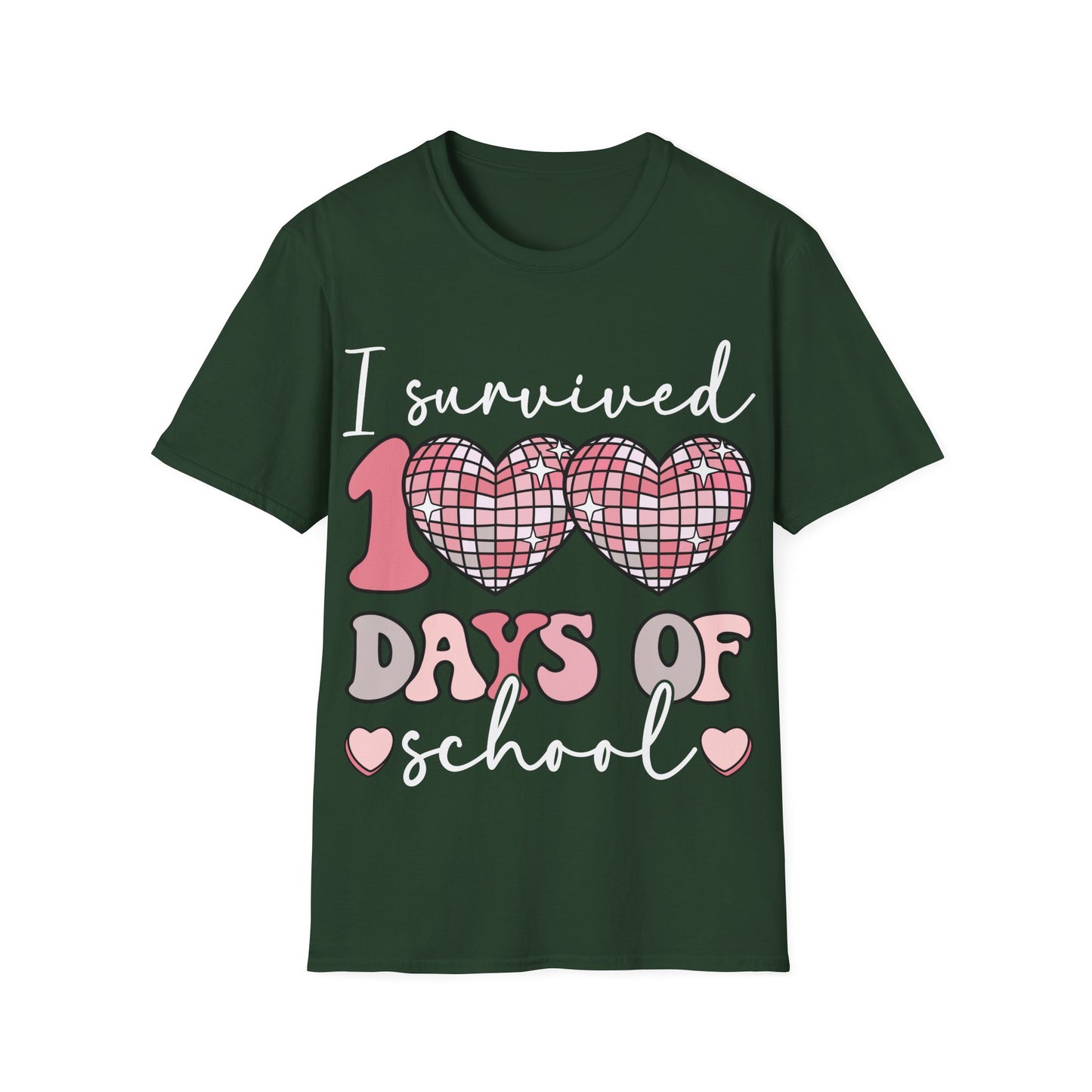I Survived 100 Days of School Shirt | Funny Retro Disco Heart Black Tee | Groovy Teacher Student Humor Gift