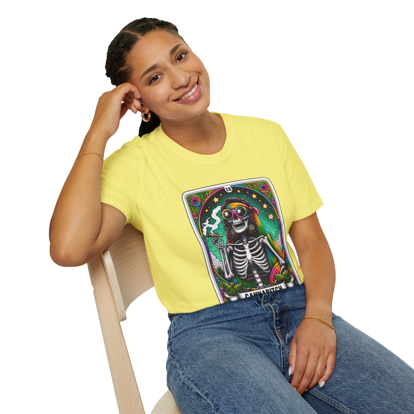 Psychedelic “Cannabitch” Tarot Skeleton T‑Shirt – Trippy Rainbow Weed Art for Stoner Queens