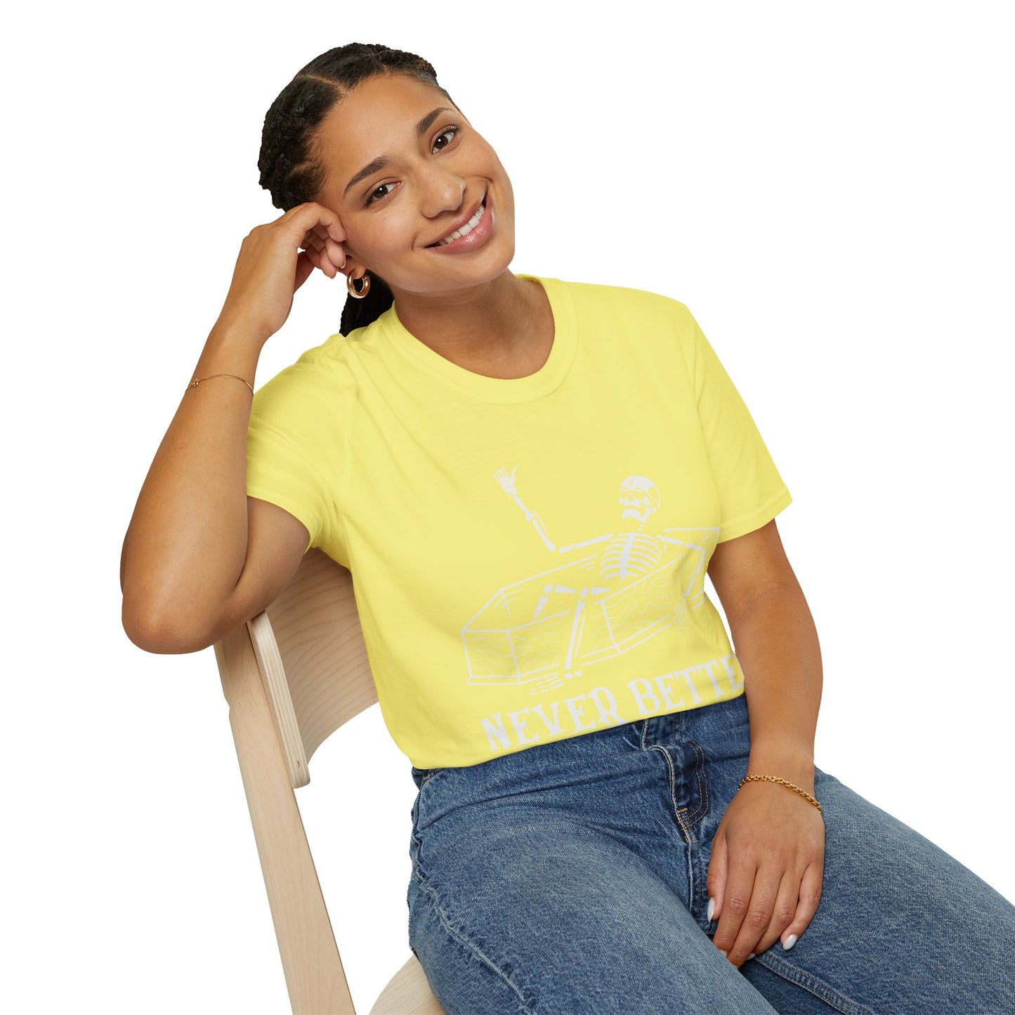 Never Better Skeleton Coffin T‑Shirt – Dark Humor Goth Tee for the Delightfully Dead Inside