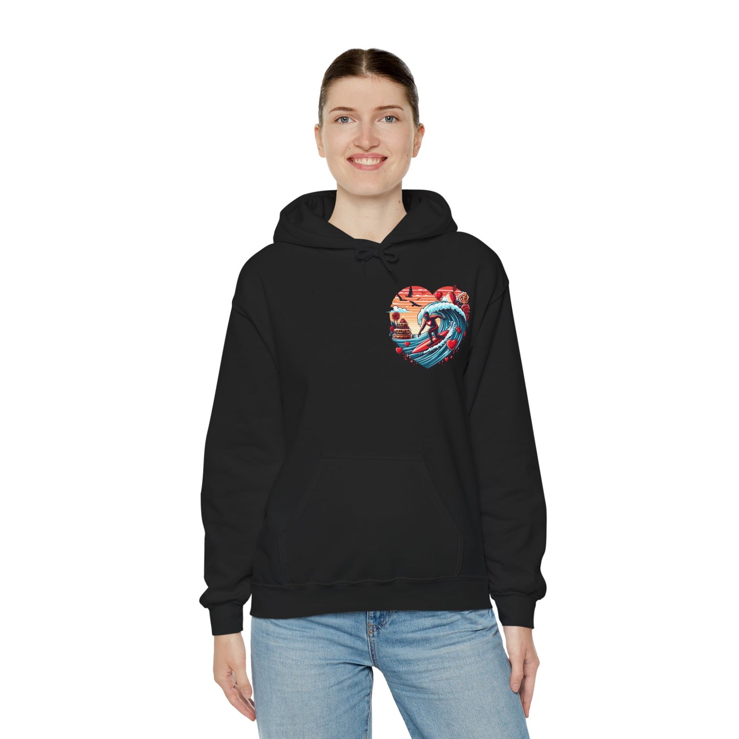 Surfing Love Heart Hoodie Surfer Wave Unisex Sweatshirt - Viral Romantic Beach Gift