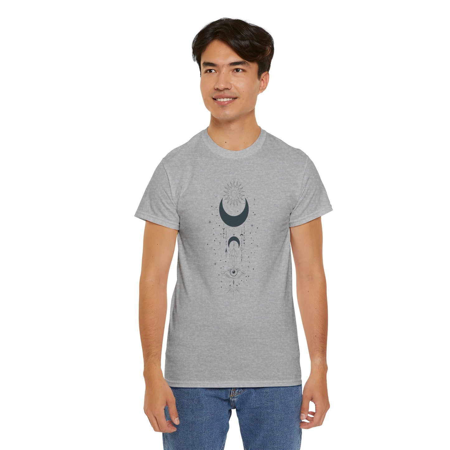 Celestial Moon & Sun Shirt | Boho Mystical Line Art Tee | Spiritual Astrology Gift | Heavy Cotton Unisex Top | Witchy Yoga T-Shirt