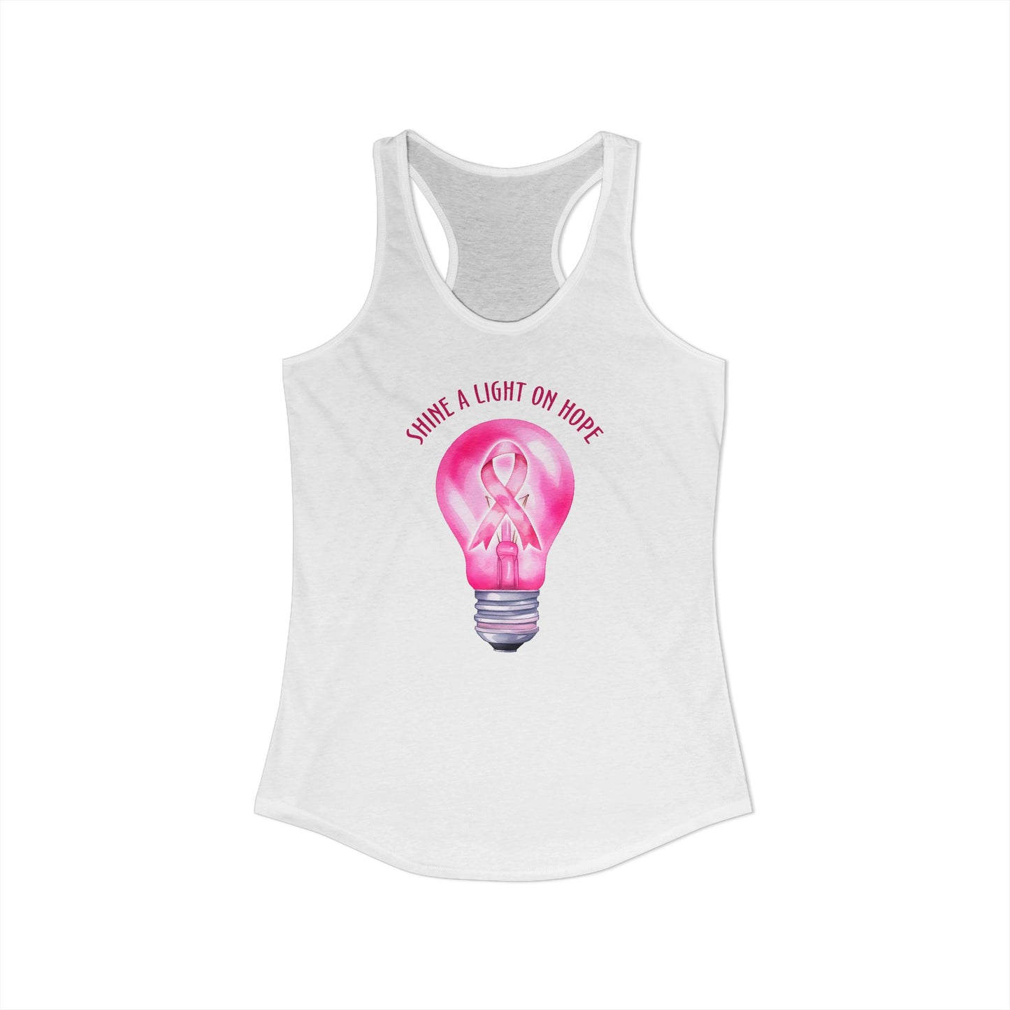 Shine a Light on Hope – Pink Ribbon Lightbulb Breast Cancer Awareness Racerback Tank
