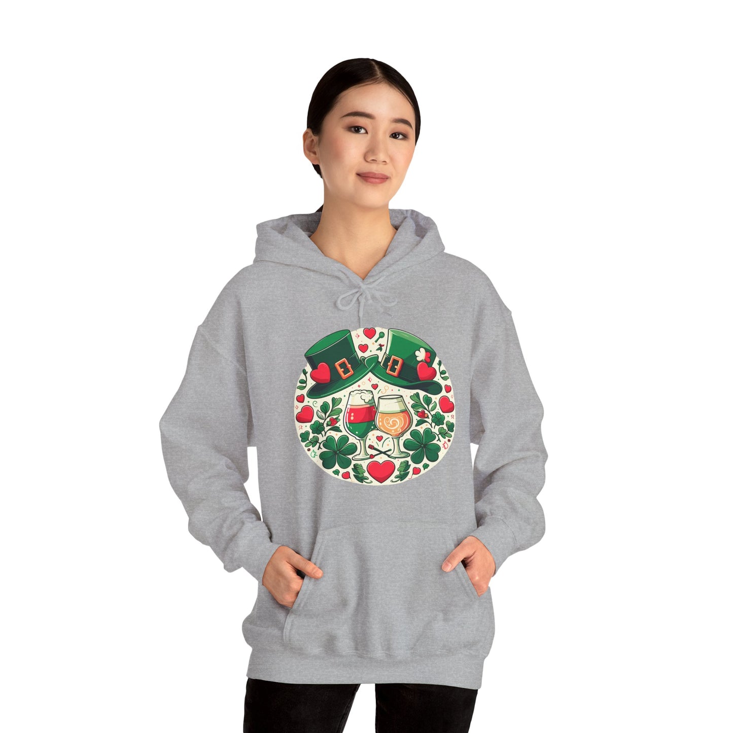 St. Patrick's Day Hoodie, Irish Celebration Beer Clover Heart Unisex Pullover