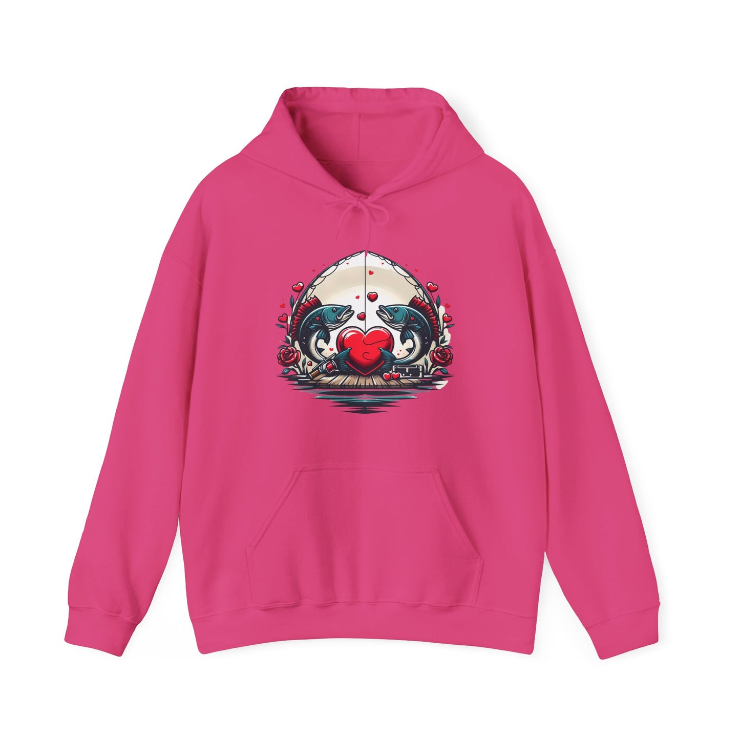 Unique Fish Love Heart Hoodie Unisex Fishing Themed Sweatshirt Graphic Hoodie With Rose Detail Romantic Angler Gift