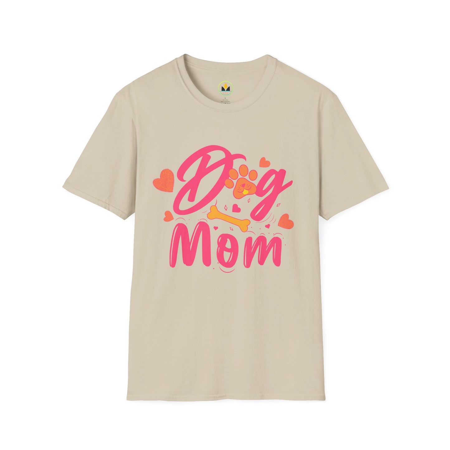 Cute Dog Mom T‑Shirt – Pink Hearts, Paw Print & Bone Graphic for Proud Pup Mamas