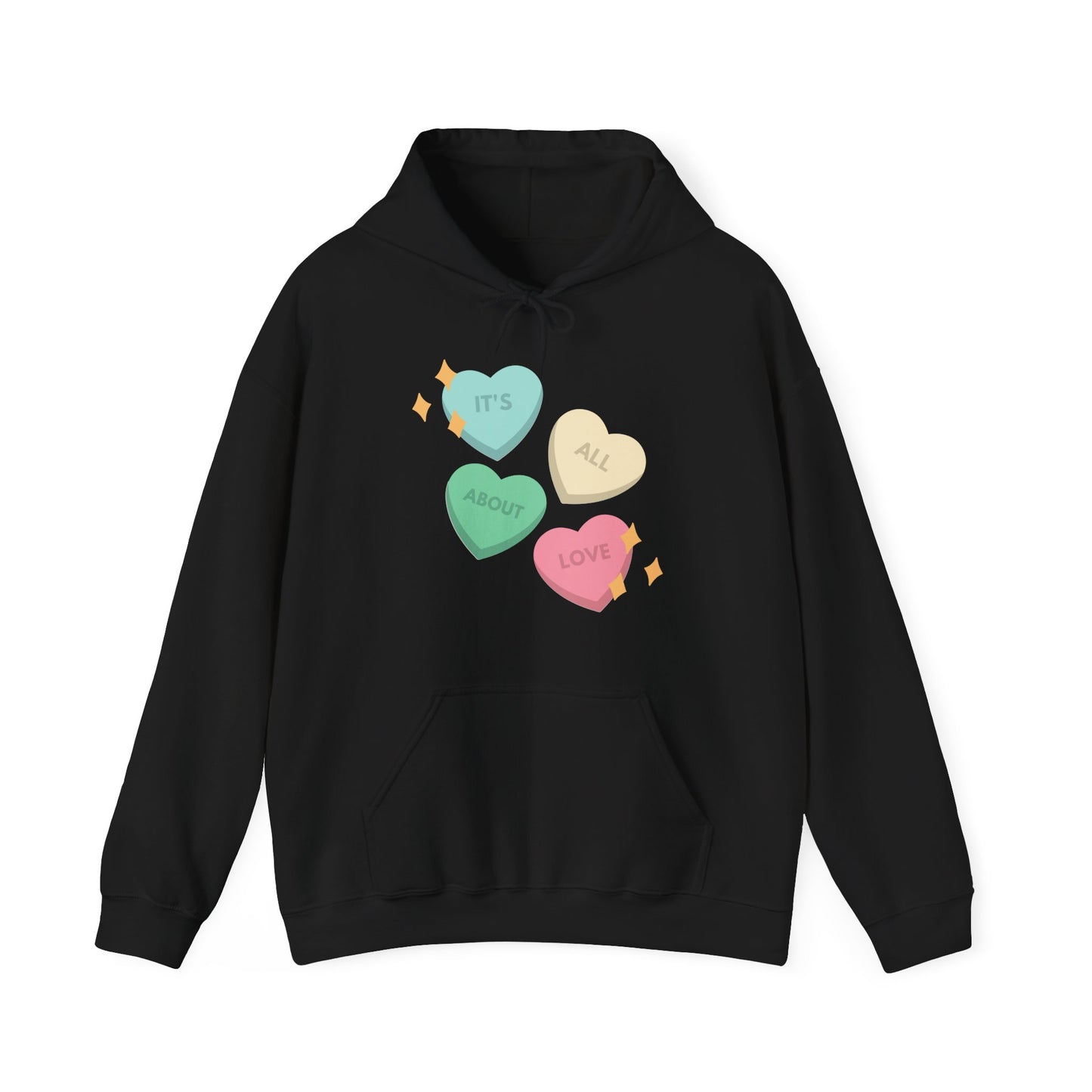It's All About Love" Pastel Heart Hoodie | Retro Candy Style Sweatshirt | Aesthetic Love Graphic Pullover  Description: