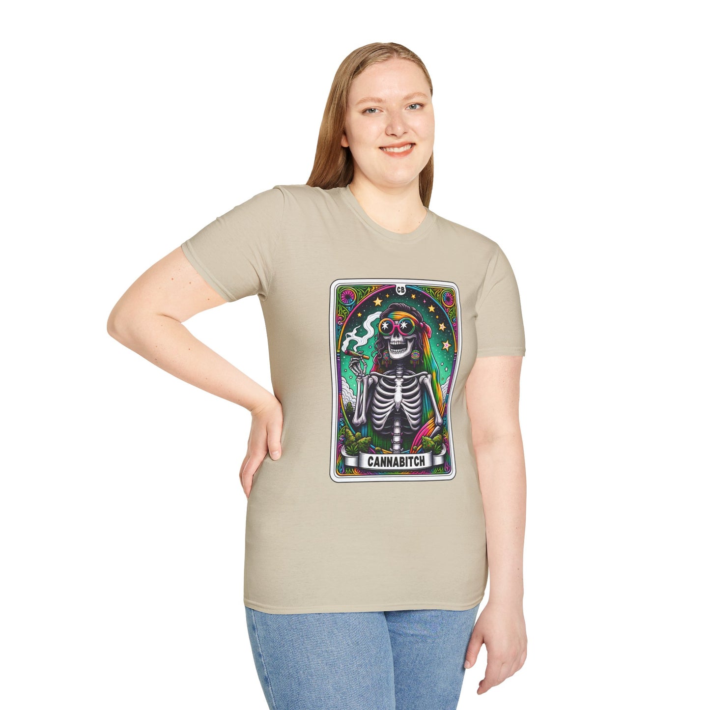 Psychedelic “Cannabitch” Tarot Skeleton T‑Shirt – Trippy Rainbow Weed Art for Stoner Queens