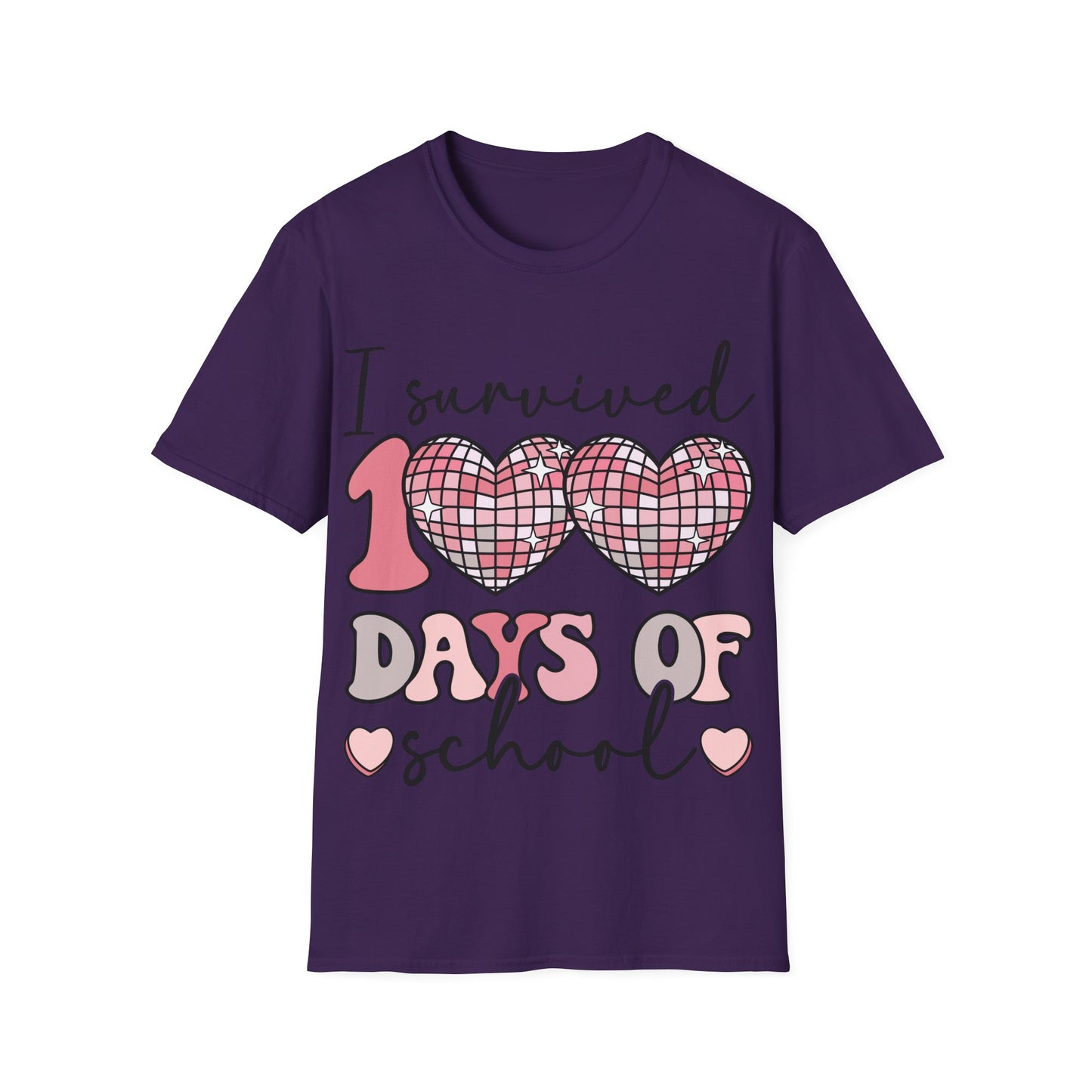I Survived 100 Days of School Shirt | Funny Retro Disco Heart Tee | Pink 100th Day Teacher Gift | Humorous Student Outfit