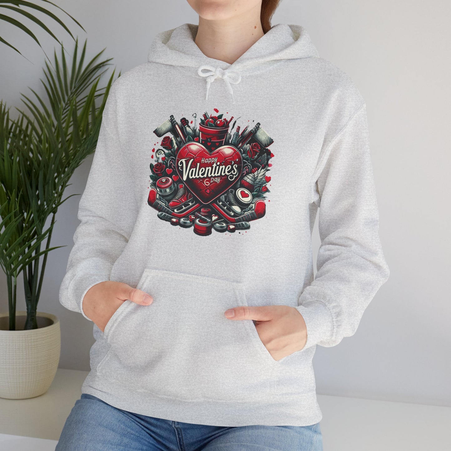 Valentine's Day Heart and Roses Hoodie, Romantic Couple Skatewear, Love ice hockey Themed Sweatshirt