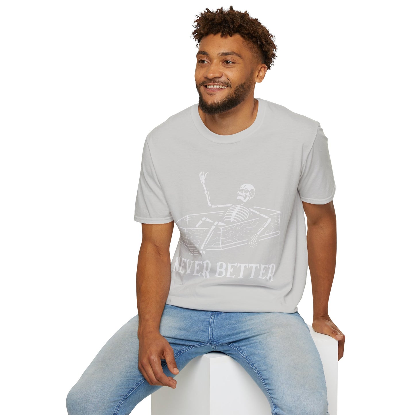 Never Better Skeleton Coffin T‑Shirt – Dark Humor Goth Tee for the Delightfully Dead Inside