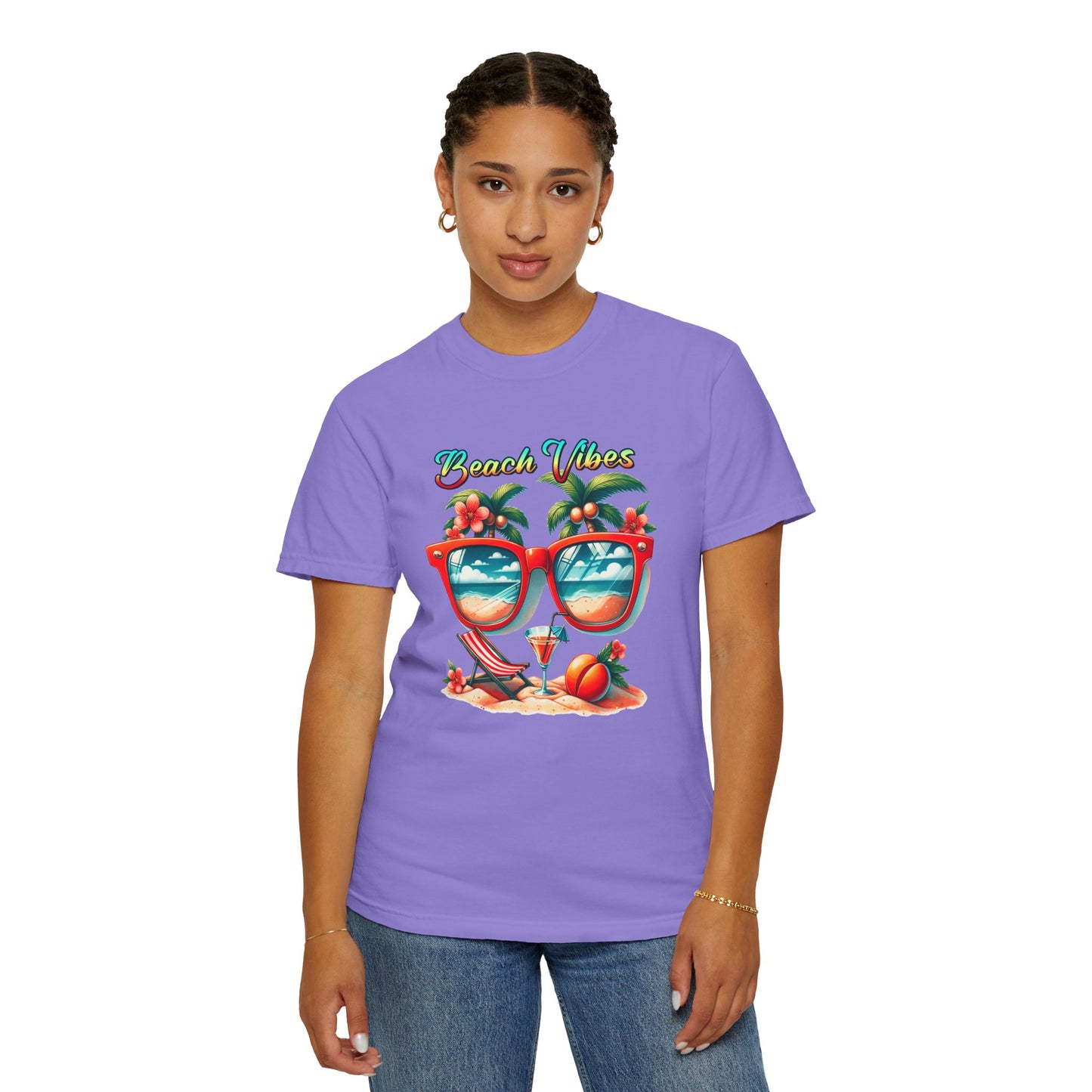 Beach Vibes Graphic Tee – Retro Sunglasses, Palm Trees & Sunset Summer Shirt