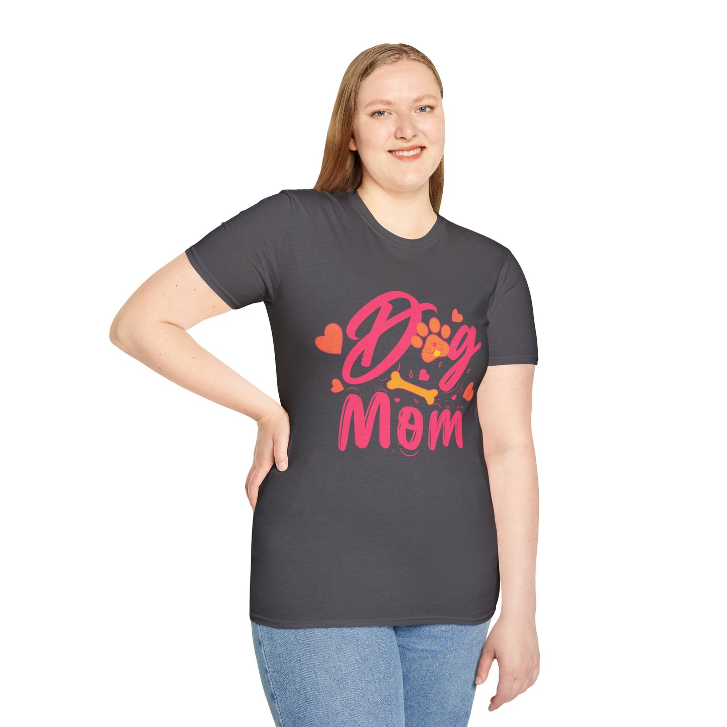 Cute Dog Mom T‑Shirt – Pink Hearts, Paw Print & Bone Graphic for Proud Pup Mamas