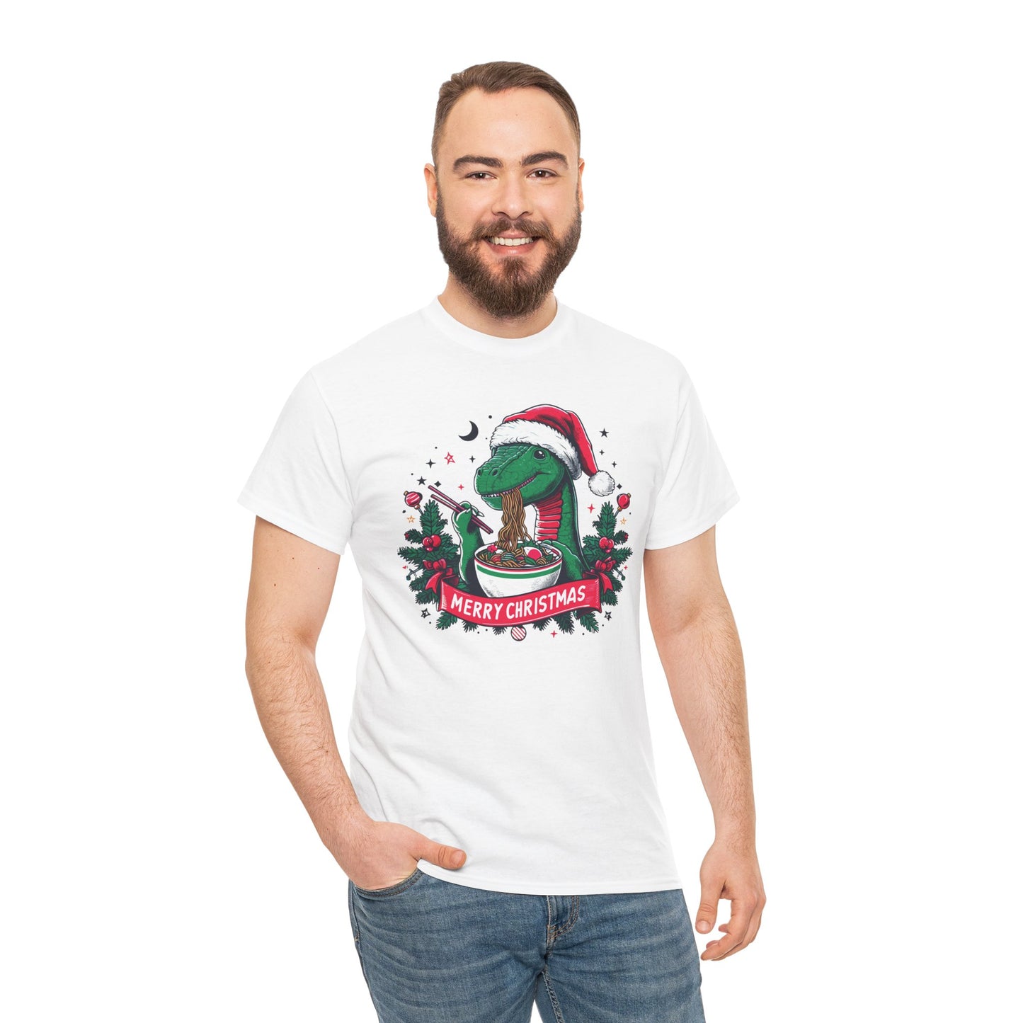 Festive Dinosaur Enjoying Ramen: A Merry Christmas Greetings Unisex Tee