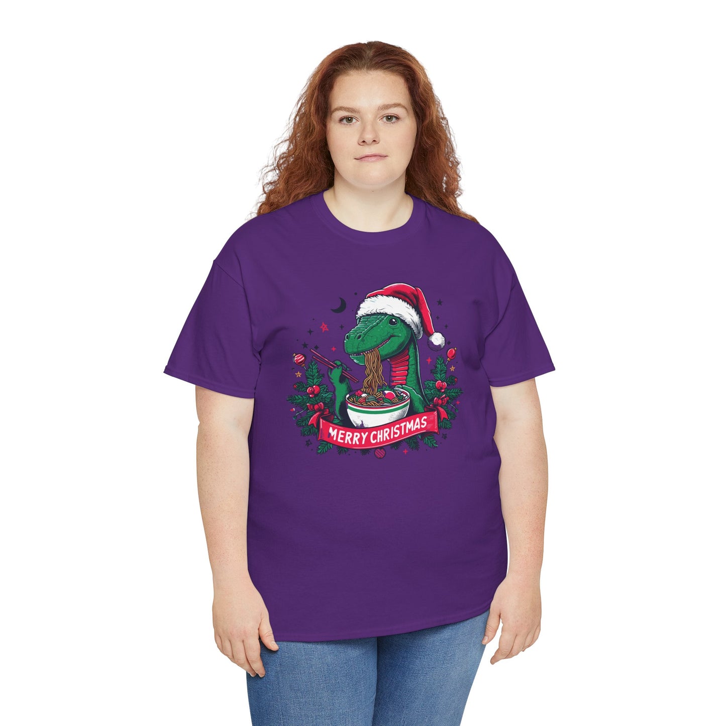 Festive Dinosaur Enjoying Ramen: A Merry Christmas Greetings Unisex Tee