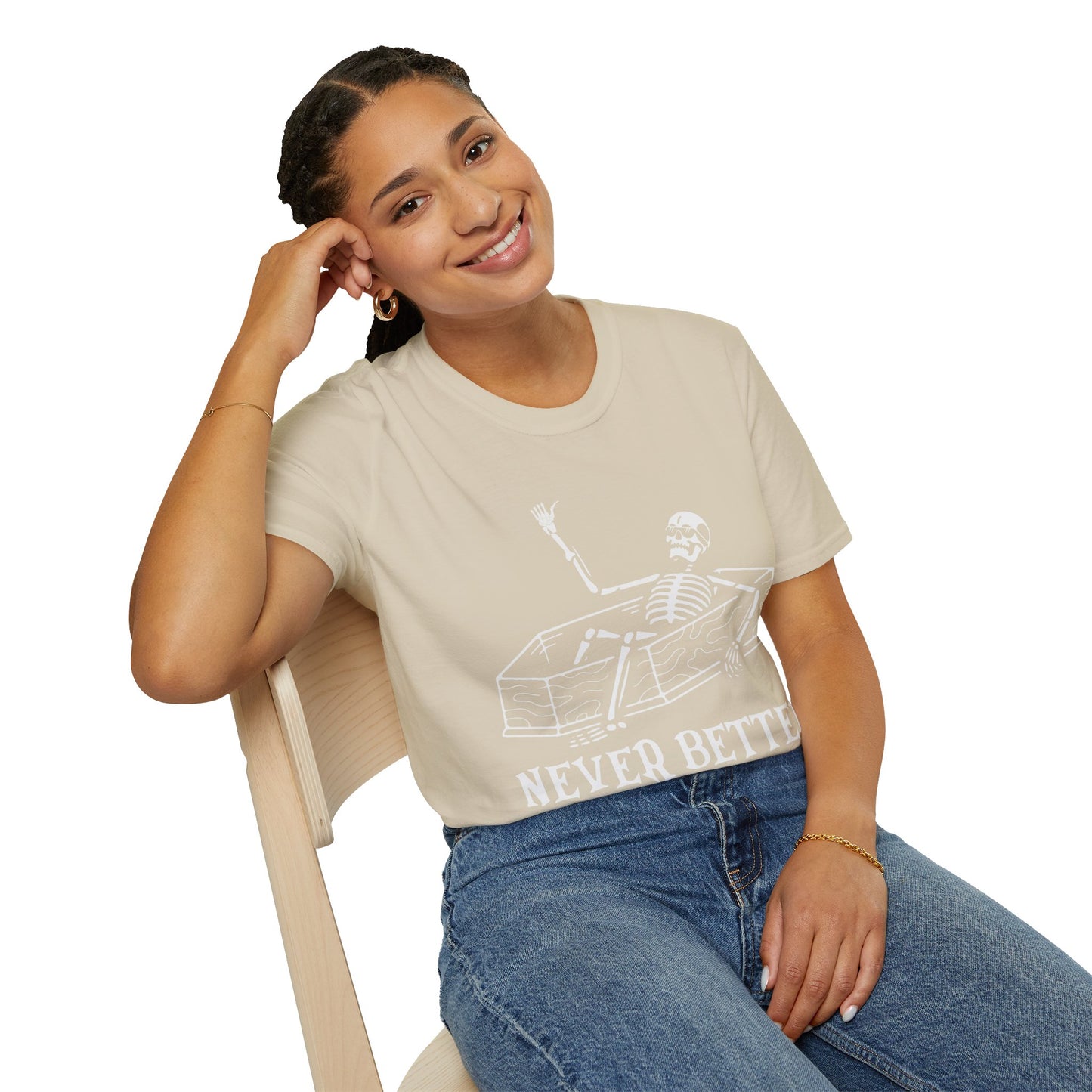 Never Better Skeleton Coffin T‑Shirt – Dark Humor Goth Tee for the Delightfully Dead Inside