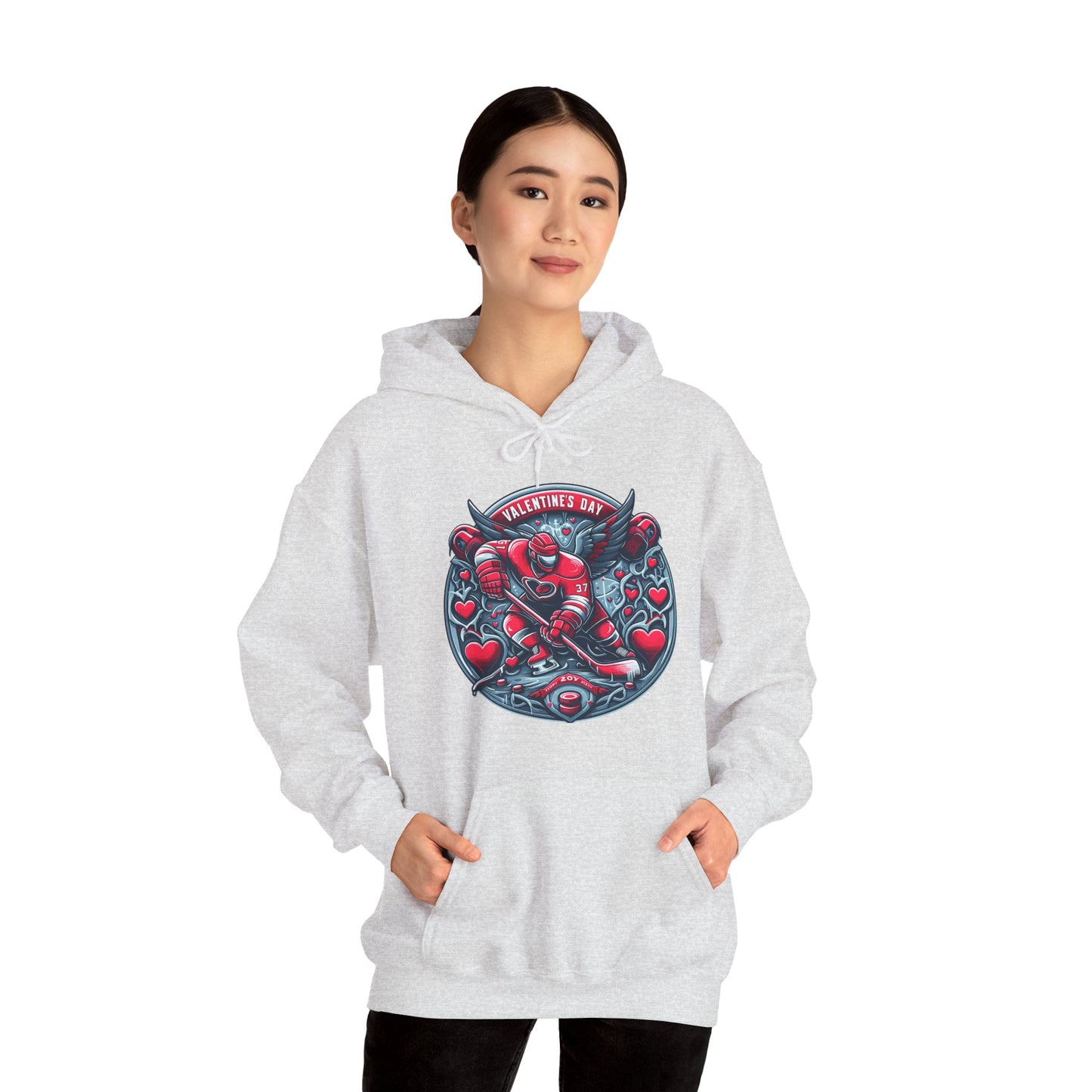 Valentines Day Hockey Hoodie, Romantic Sports Gift, Unisex Heart Hockey Graphic Pullover, Casual Comfortable Sporty Apparel