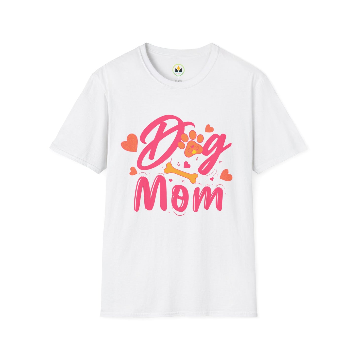 Cute Dog Mom T‑Shirt – Pink Hearts, Paw Print & Bone Graphic for Proud Pup Mamas