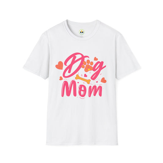 Cute Dog Mom T‑Shirt – Pink Hearts, Paw Print & Bone Graphic for Proud Pup Mamas