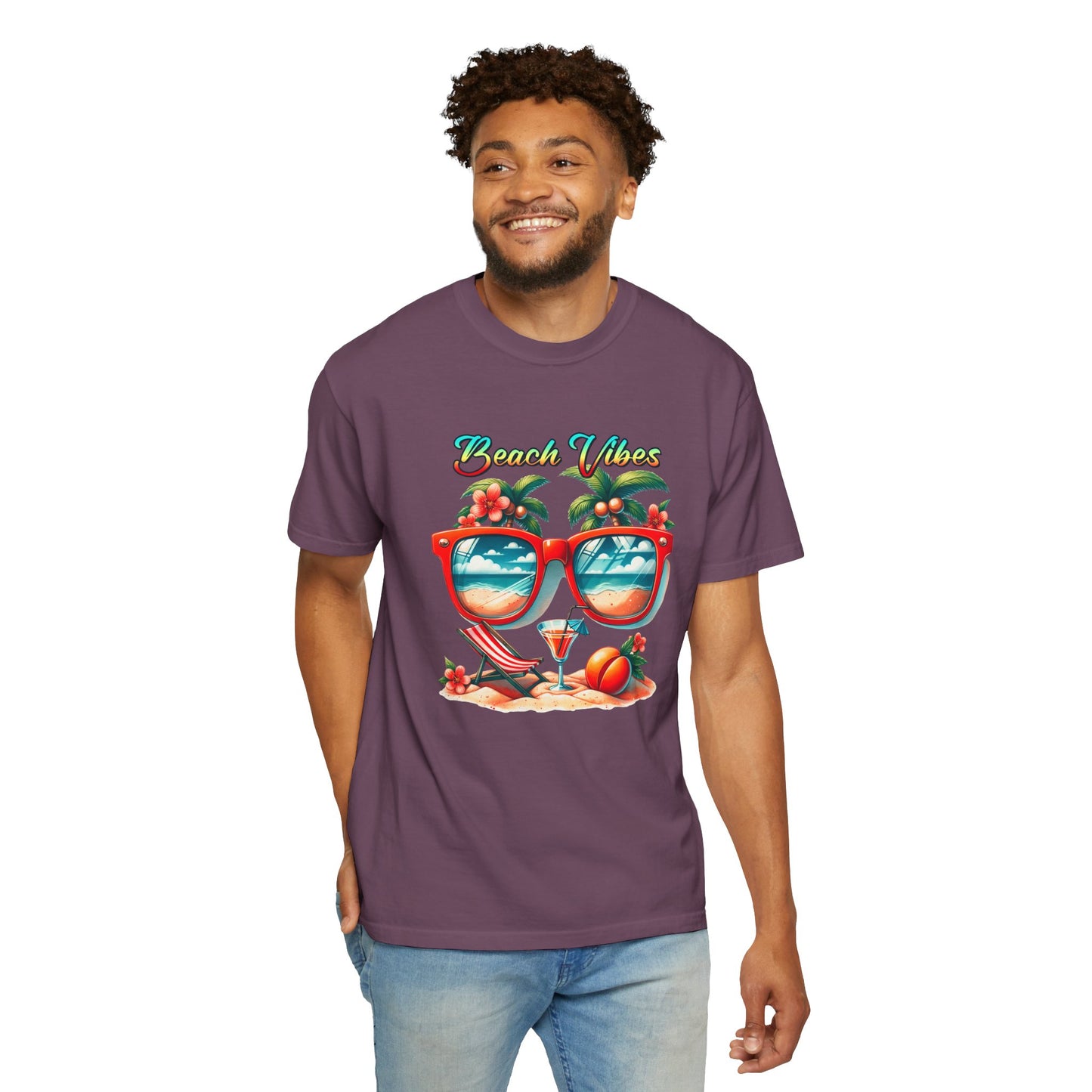 Beach Vibes Graphic Tee – Retro Sunglasses, Palm Trees & Sunset Summer Shirt