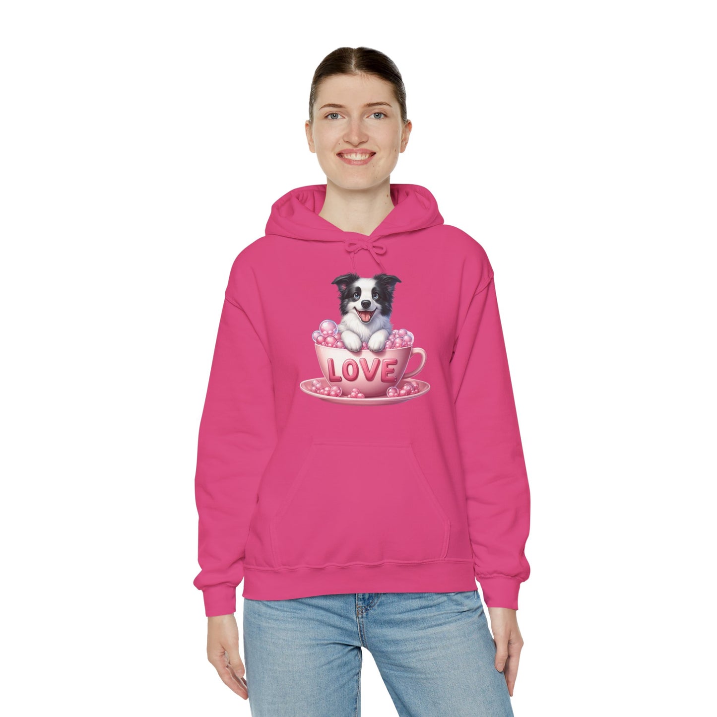 Viral Puppy Love Border Collie Hoodie - Cute Dog in Pink Cup Graphic Unisex Sweatshirt - Adorable Gift for Border Collie Lovers