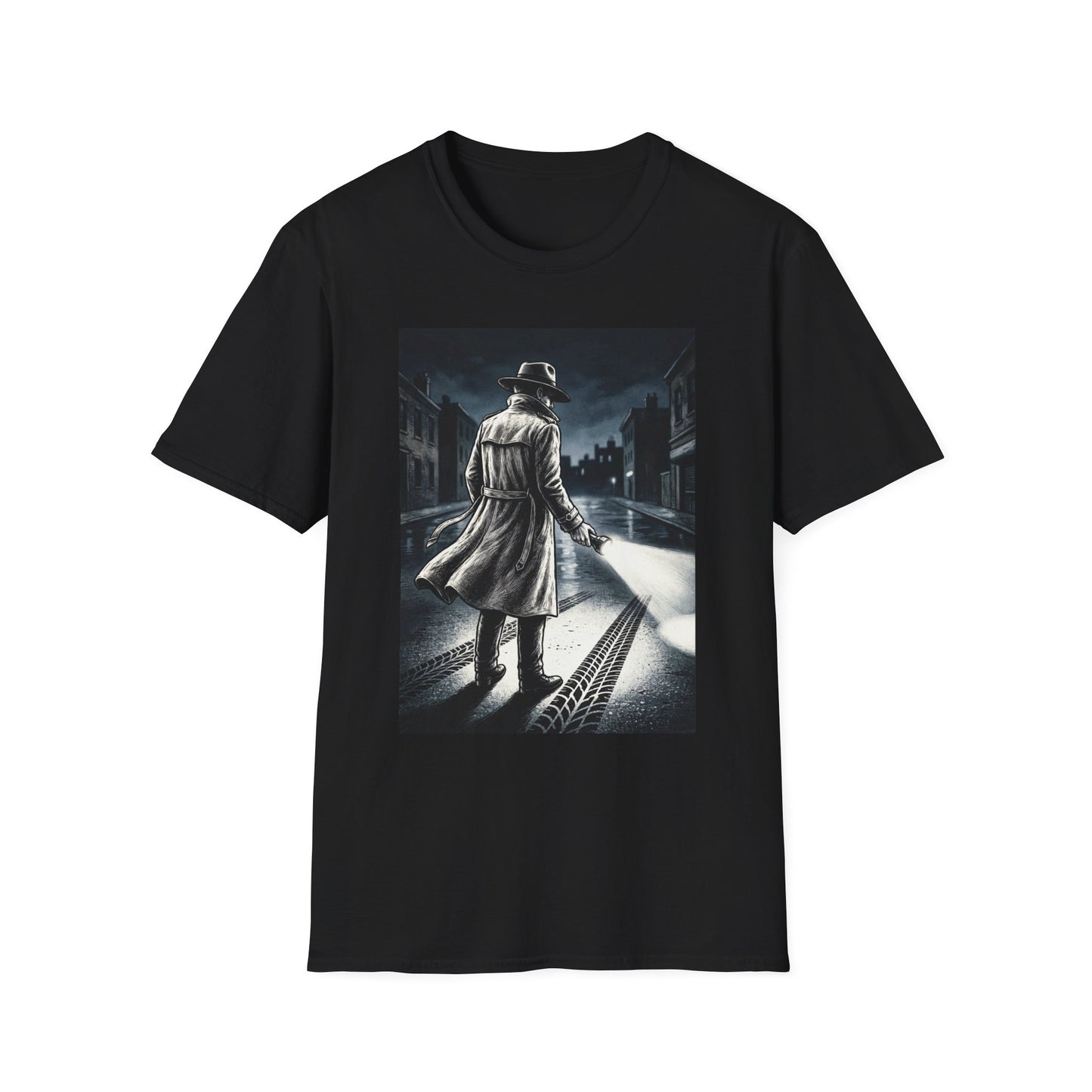 Shadow Streets Noir Detective T-Shirt | Vintage Mystery Trench Coat Art