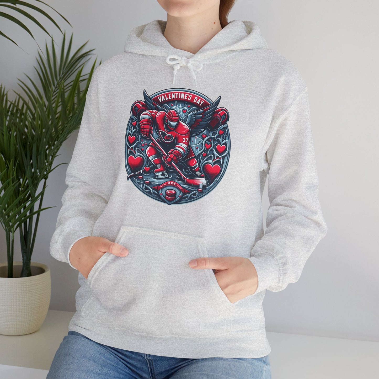 Valentines Day Hockey Hoodie, Romantic Sports Gift, Unisex Heart Hockey Graphic Pullover, Casual Comfortable Sporty Apparel