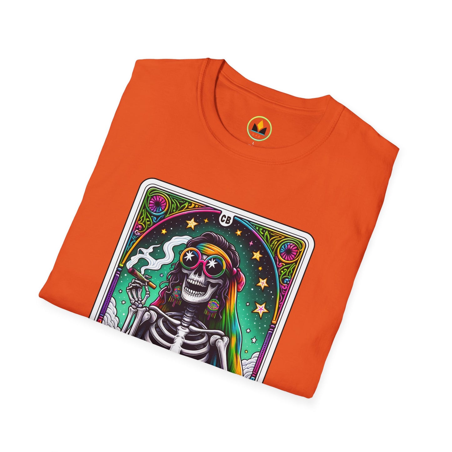 Psychedelic “Cannabitch” Tarot Skeleton T‑Shirt – Trippy Rainbow Weed Art for Stoner Queens