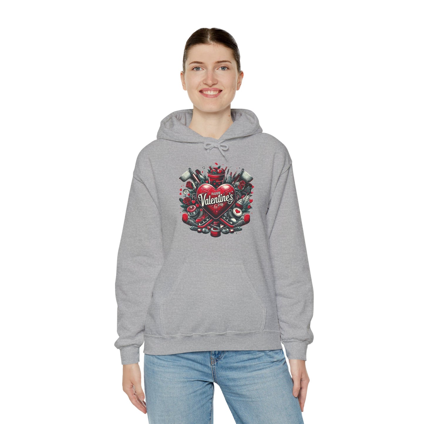 Valentine's Day Heart and Roses Hoodie, Romantic Couple Skatewear, Love ice hockey Themed Sweatshirt