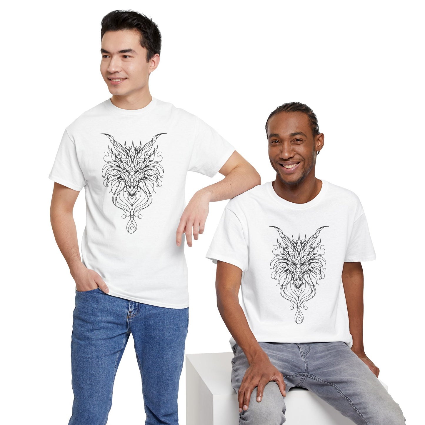 Dragon Line Art Shirt | Mythical Creature Sketch Tee | Minimalist Tattoo Style Top | Intricate Fantasy Art Gift | Unisex White T-Shirt