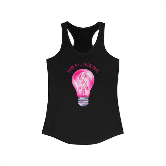 Shine a Light on Hope – Pink Ribbon Lightbulb Breast Cancer Awareness Racerback Tank