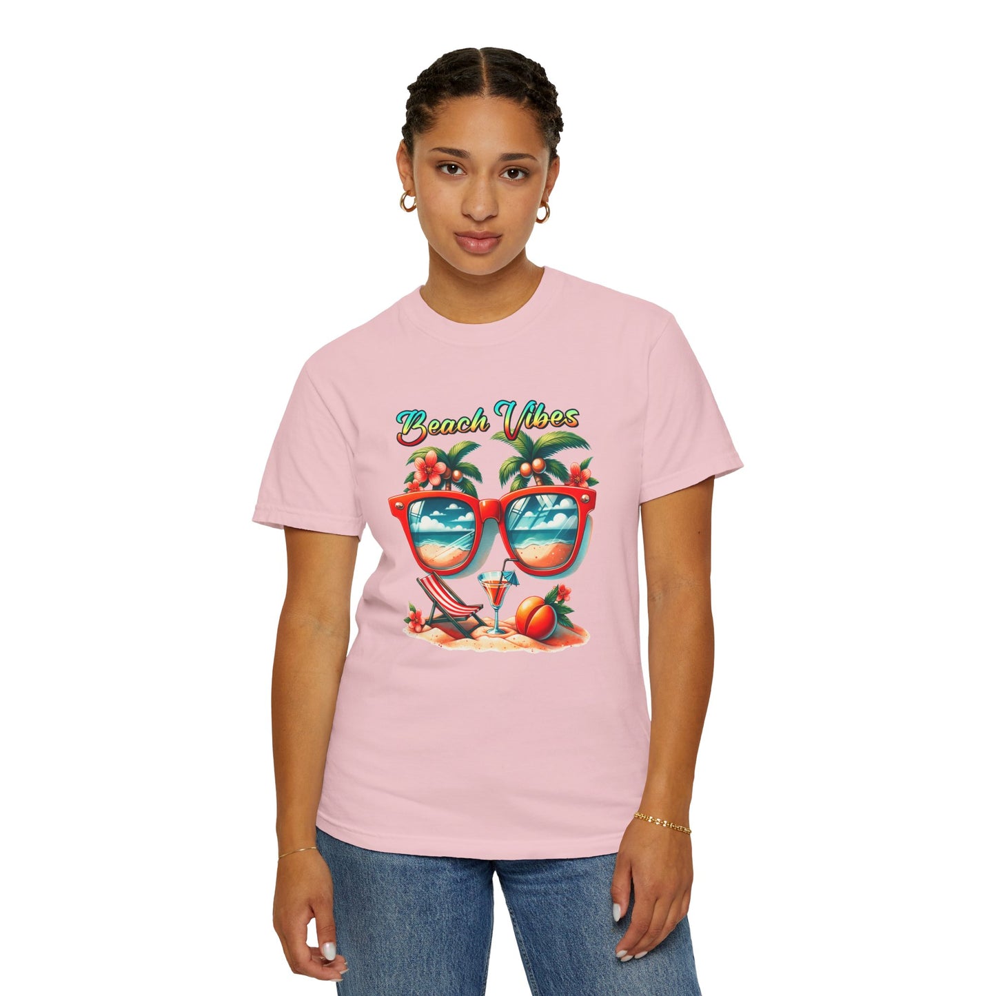 Beach Vibes Graphic Tee – Retro Sunglasses, Palm Trees & Sunset Summer Shirt