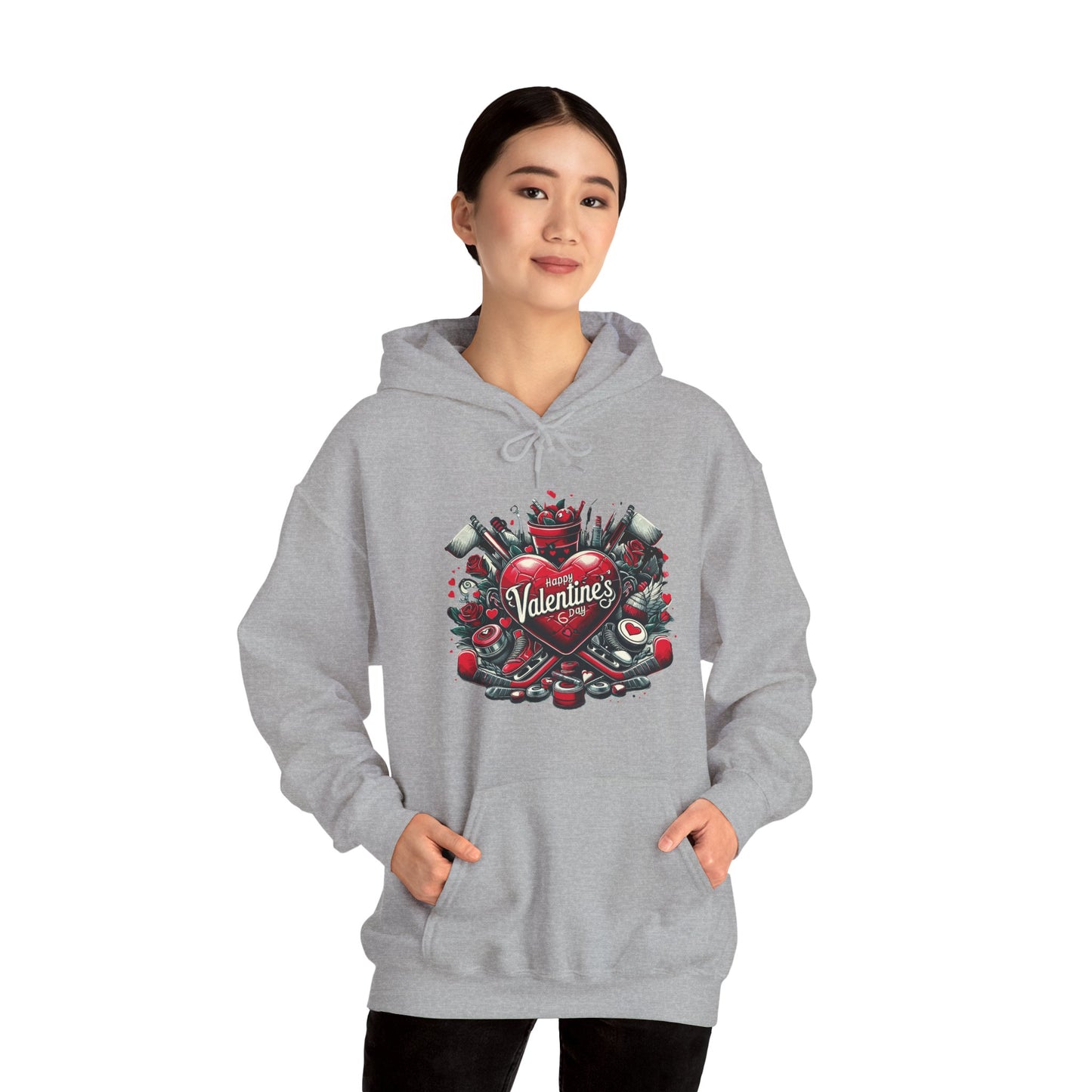 Valentine's Day Heart and Roses Hoodie, Romantic Couple Skatewear, Love ice hockey Themed Sweatshirt