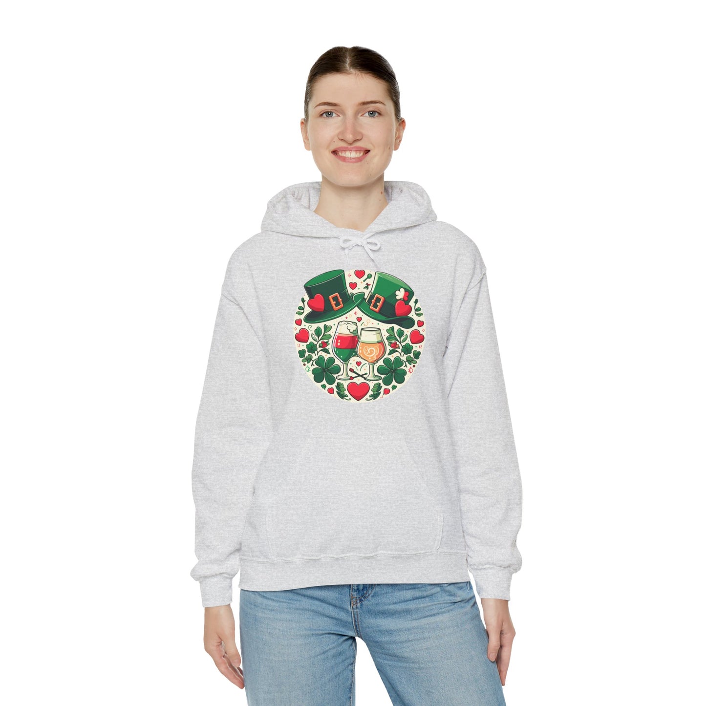 St. Patrick's Day Hoodie, Irish Celebration Beer Clover Heart Unisex Pullover