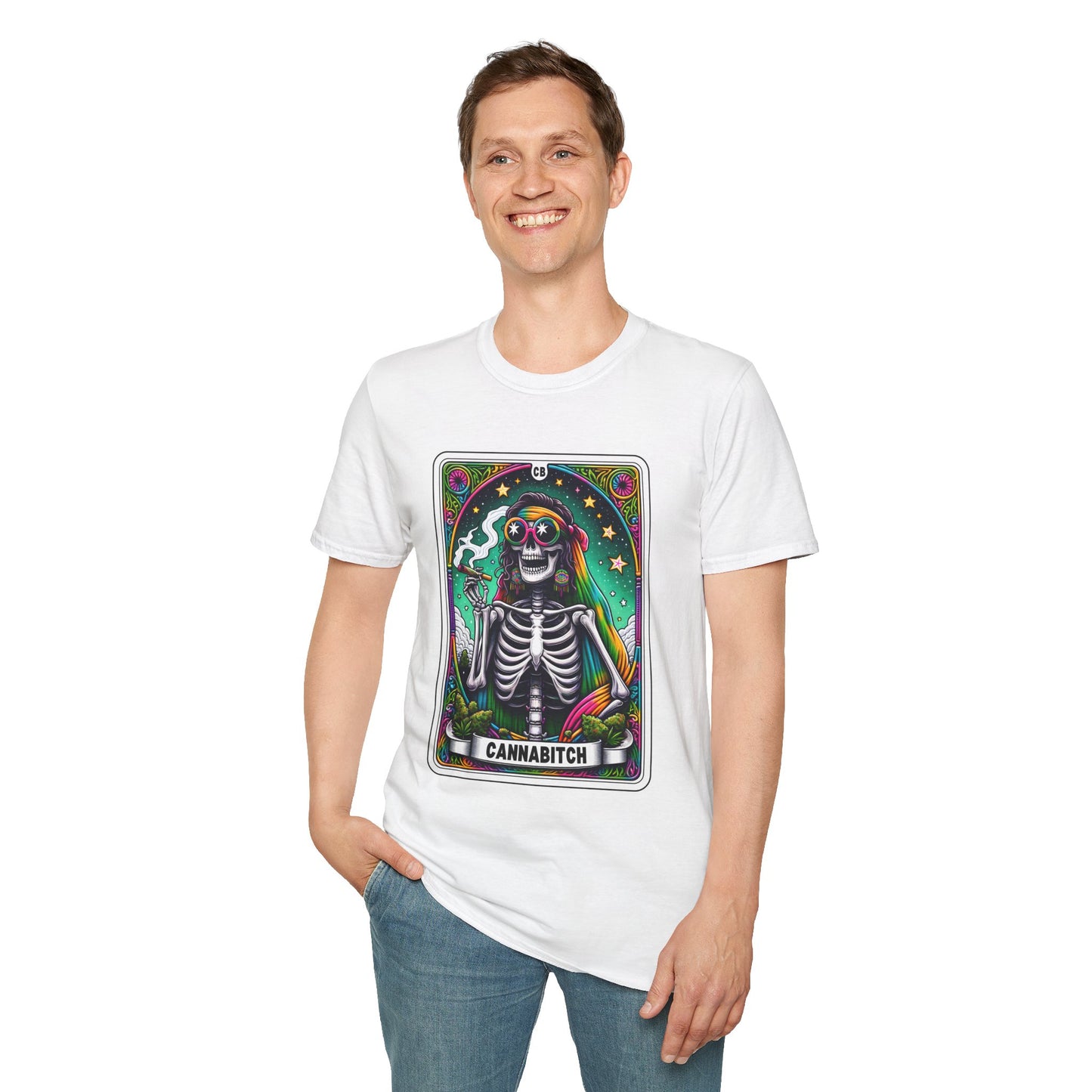Psychedelic “Cannabitch” Tarot Skeleton T‑Shirt – Trippy Rainbow Weed Art for Stoner Queens